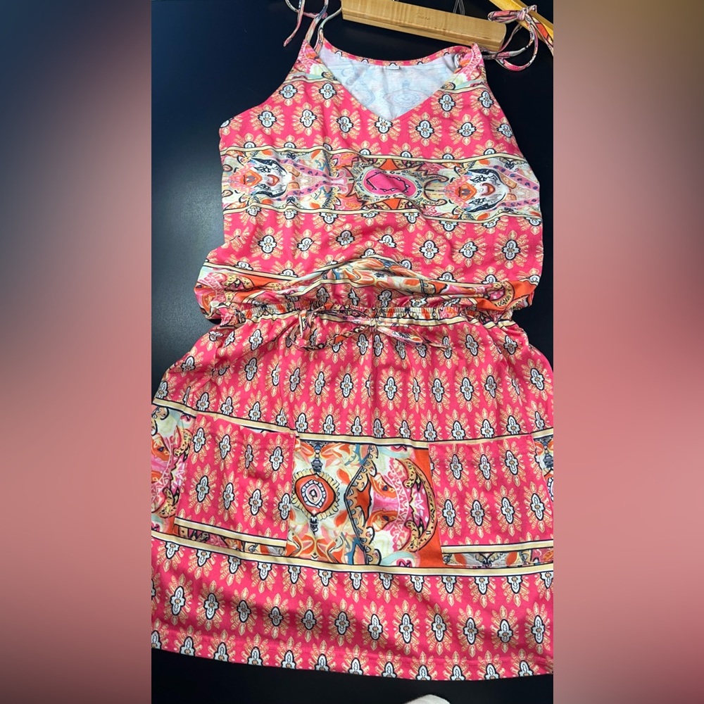 Brand Unknown Boho Cinch Waist Tie Straps Dress With Pockets Size Large EUC